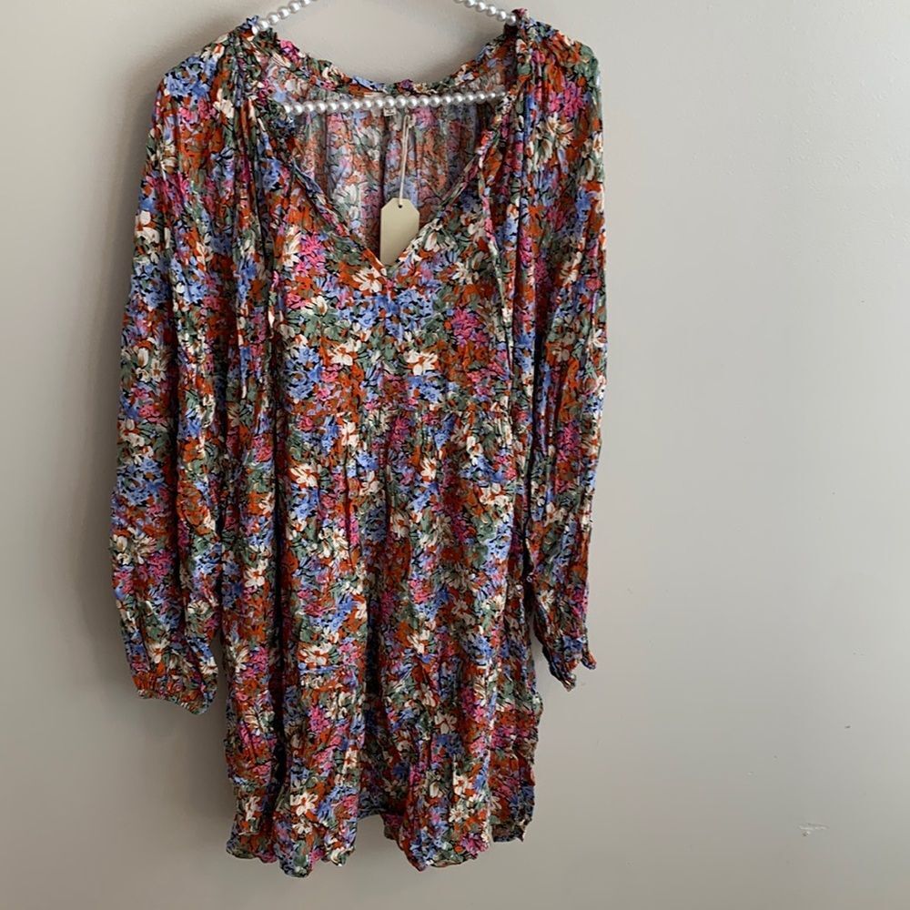 NEW Jodifl Floral Print Long Sleeve Mini Dress Size 2X NWT Babydoll Boho Rayon